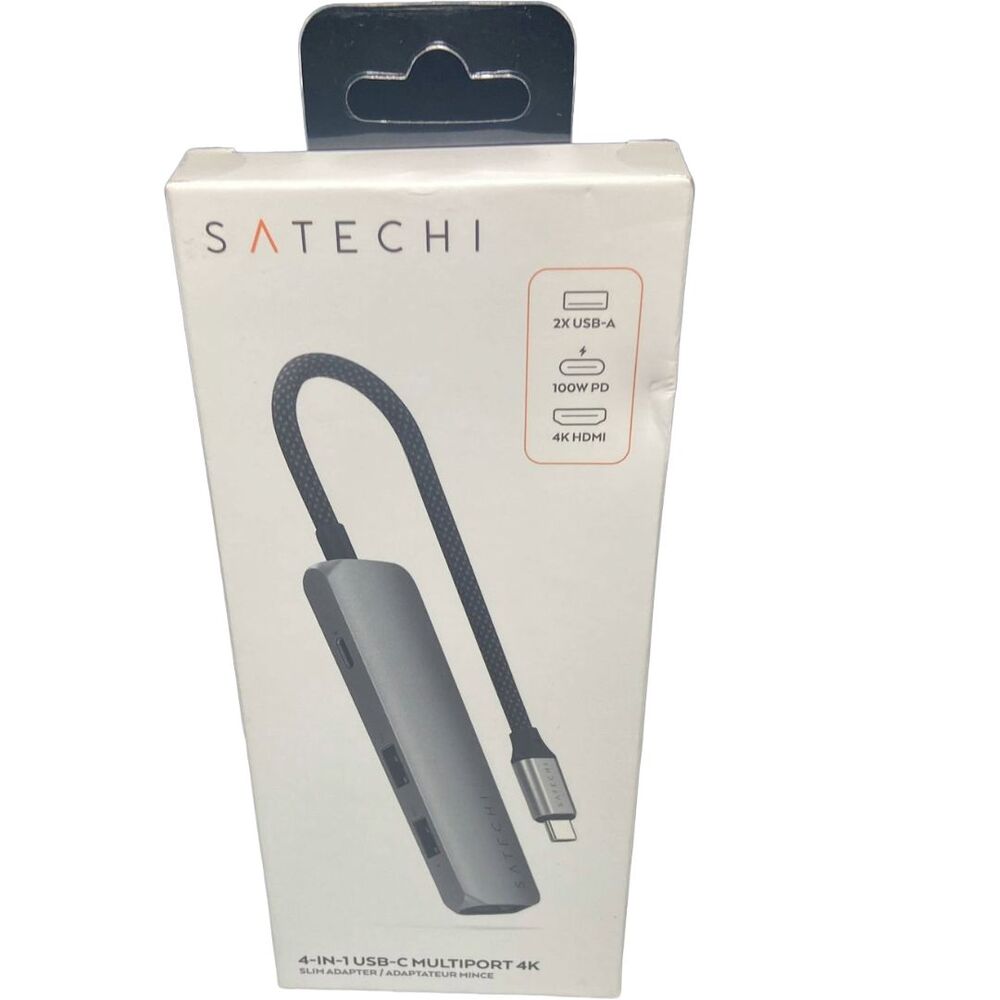 Satechi 4‑in‑1 USB‑C Hub, 4K/60Hz HDMI, 10Gbps, 100W PD, Braided Cable – Gray
